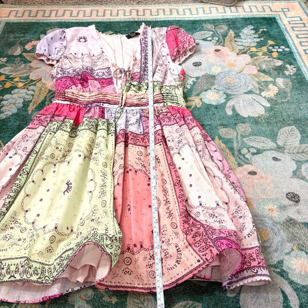 VICI Spring Days Abstract Colorblock Mini Dress Pink Patchwork Ruffle Medium m - Picture 7 of 16